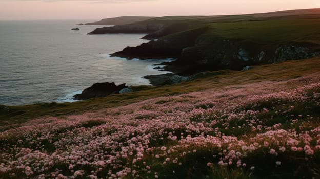 Shoreline covered in pink flowers by the sea. Generaitve AI.