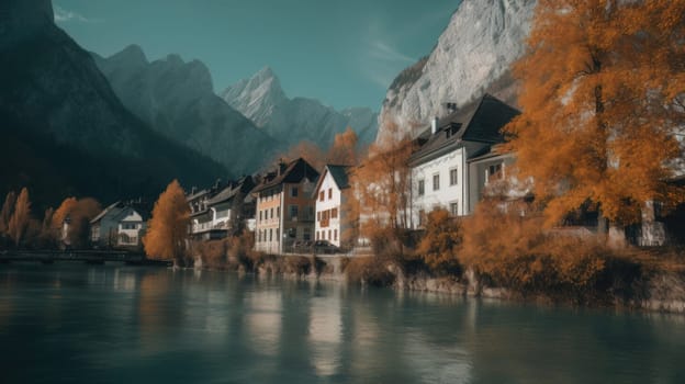 Beautiful old town surrounded by mountains view. Generative AI.