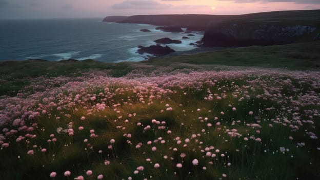 Shoreline covered in pink flowers by the sea. Generaitve AI.