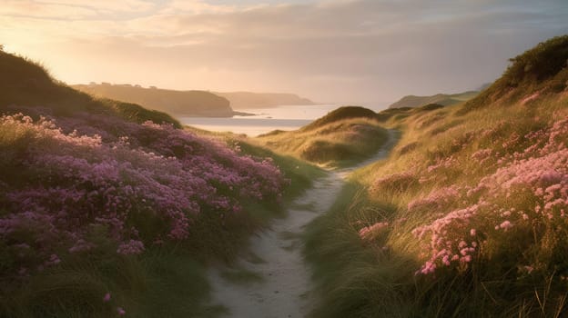 Shoreline covered in pink flowers by the sea. Generaitve AI
