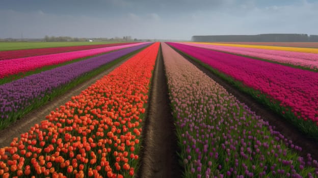 Colorful open field with beautiful tulips. Generative AI.