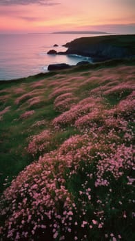 Shoreline covered in pink flowers by the sea. Generaitve AI.