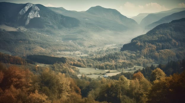 Image of mountain valley with mountains and a forest. Generative AI.