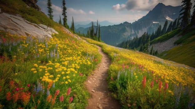 trail leading onto mountains with flowering meadows. Generative AI.