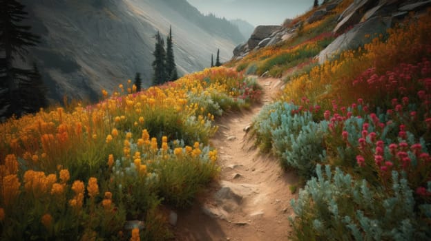 trail leading onto mountains with flowering meadows. Generative AI.