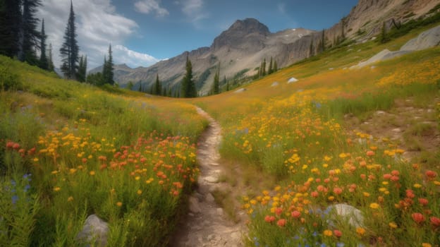 trail leading onto mountains with flowering meadows. Generative AI.