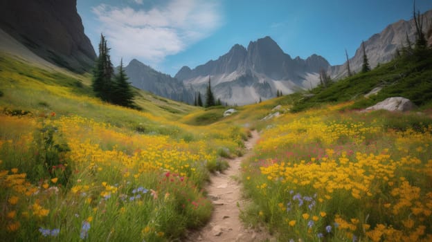 trail leading onto mountains with flowering meadows. Generative AI.