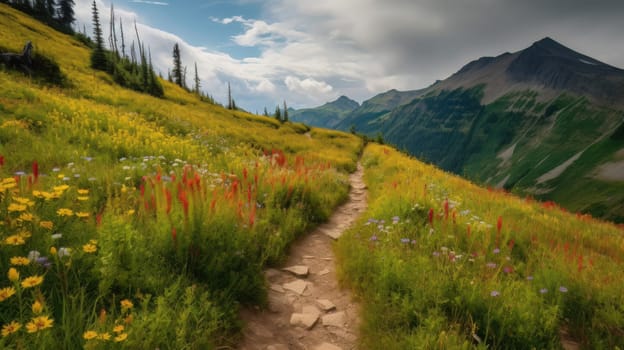 trail leading onto mountains with flowering meadows. Generative AI.