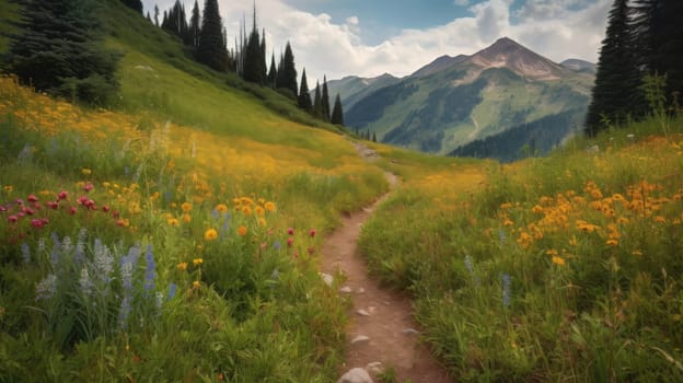 trail leading onto mountains with flowering meadows. Generative AI.