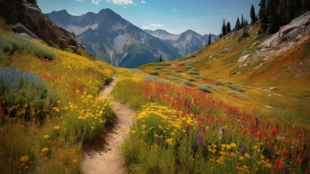 trail leading onto mountains with flowering meadows. Generative AI.