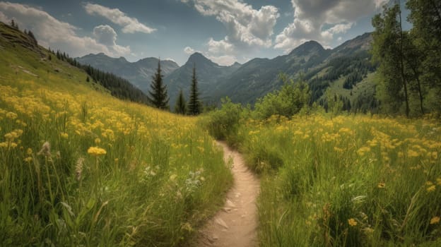 trail leading onto mountains with flowering meadows. Generative AI.