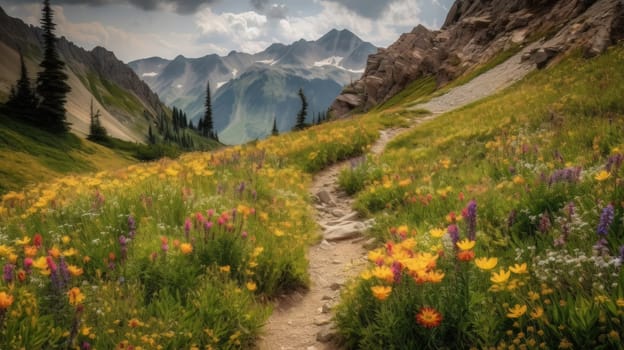 trail leading onto mountains with flowering meadows. Generative AI.