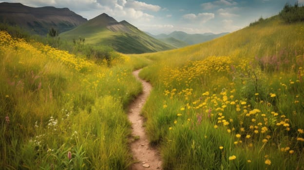 trail leading onto mountains with flowering meadows. Generative AI.