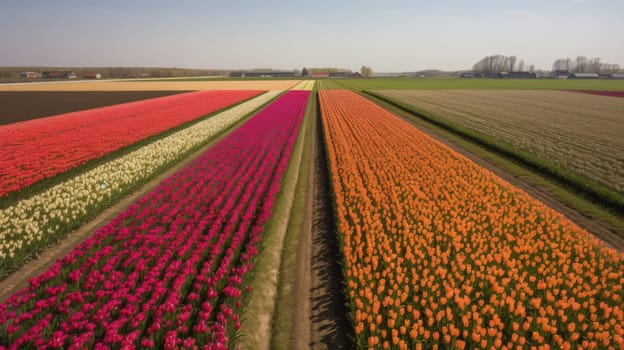 Colorful open field with beautiful tulips. Generative AI.