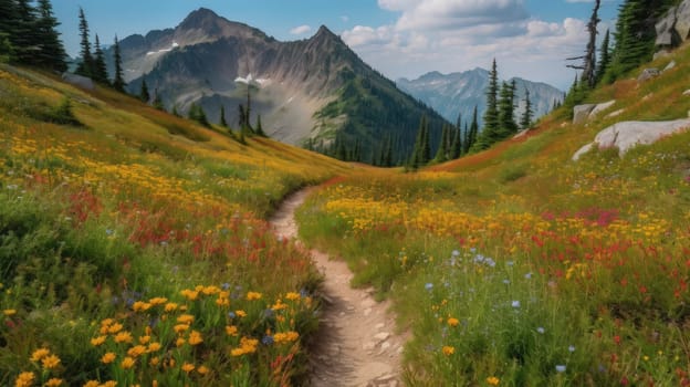 trail leading onto mountains with flowering meadows. Generative AI.