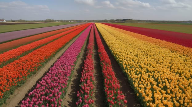 Colorful open field with beautiful tulips. Generative AI.