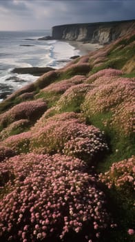 Shoreline covered in pink flowers by the sea. Generaitve AI