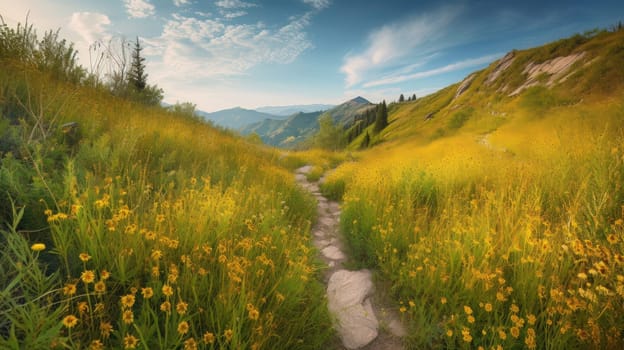 trail leading onto mountains with flowering meadows. Generative AI.