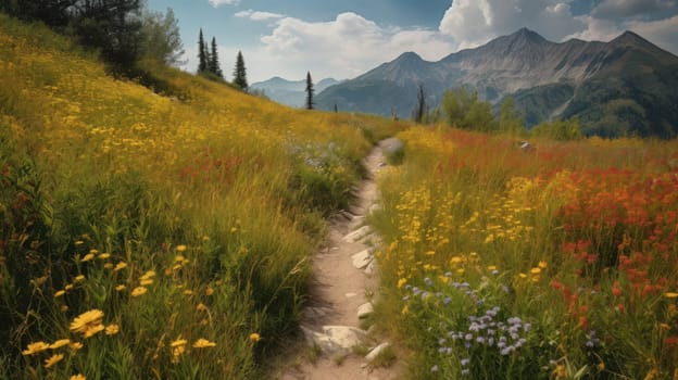 trail leading onto mountains with flowering meadows. Generative AI.