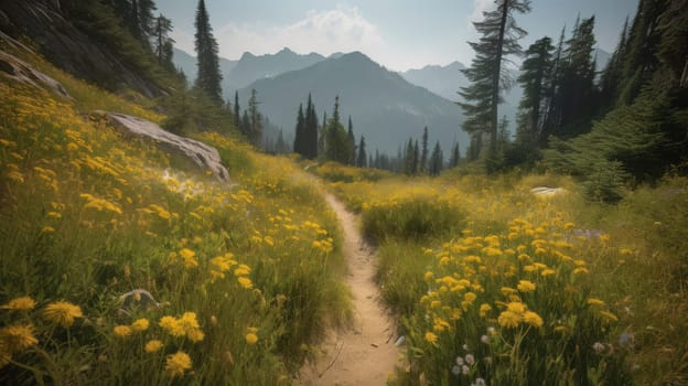 trail leading onto mountains with flowering meadows. Generative AI.