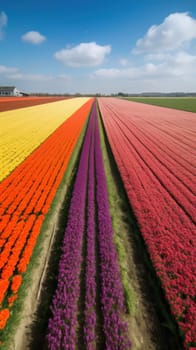 Colorful open field with beautiful tulips. Generative AI.