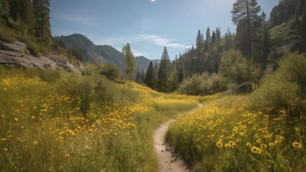 trail leading onto mountains with flowering meadows. Generative AI.