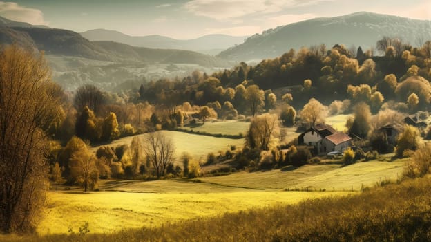 Image of mountain valley with mountains and a forest. Generative AI.