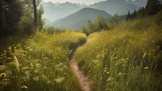 trail leading onto mountains with flowering meadows. Generative AI.