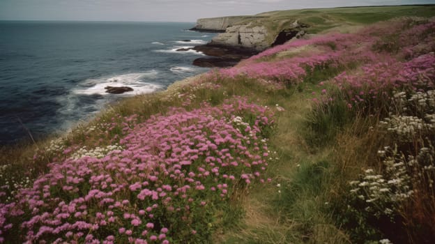 Shoreline covered in pink flowers by the sea. Generaitve AI.