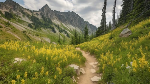 trail leading onto mountains with flowering meadows. Generative AI.