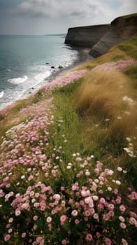 Shoreline covered in pink flowers by the sea. Generaitve AI