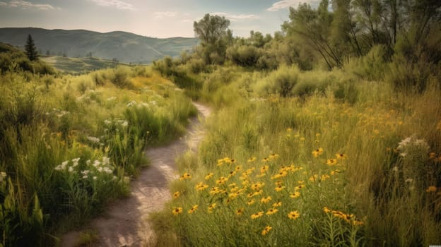 trail leading onto mountains with flowering meadows. Generative AI.