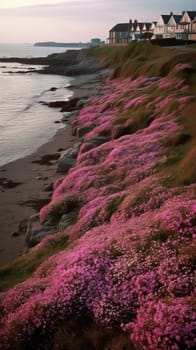 Shoreline covered in pink flowers by the sea. Generaitve AI