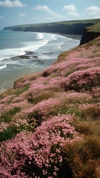 Shoreline covered in pink flowers by the sea. Generaitve AI