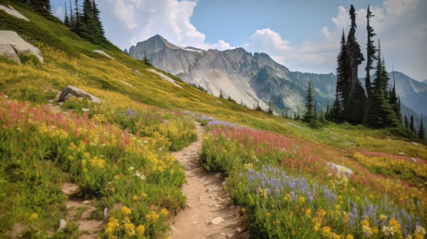 trail leading onto mountains with flowering meadows. Generative AI.