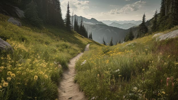 trail leading onto mountains with flowering meadows. Generative AI.