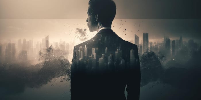 Double exposure image of business man standing back view with cityscape. superlative generative AI image.