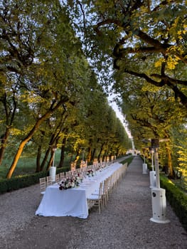 Laid long table with chairs stands on an alley in the garden. High quality photo