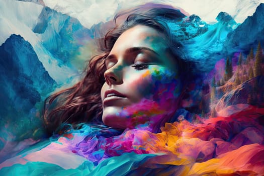 Abstract art of rainbow coloring in forest and beautiful facial woman with double exposure concept. Photo realism of nature overlapped with peaceful human. Glorious generative AI.