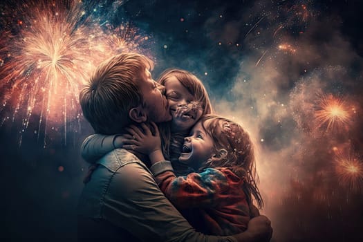 hugging happiness family while fireworks coloring the sky. Glorious Generative AI.