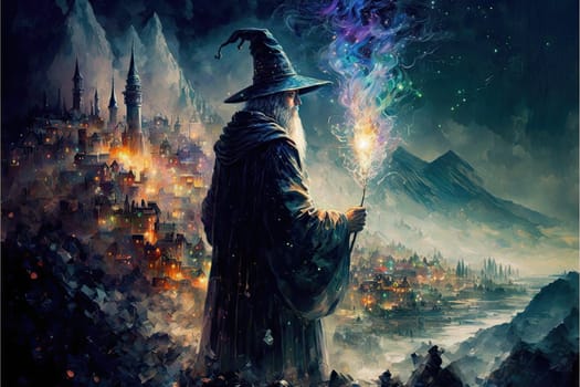 A wizard holding magic wand at the hill top in the dark night fantasy. Abstract art of the mist spell on the top point of stick in magic world. Glorious generative AI.