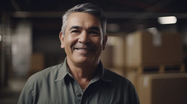 A smiling senior Hispanic male factory worker standing in warehouse. Generative AI AIG19.