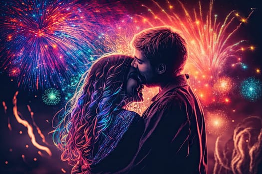 hugging happiness young couple while fireworks coloring the sky. Glorious Generative AI.