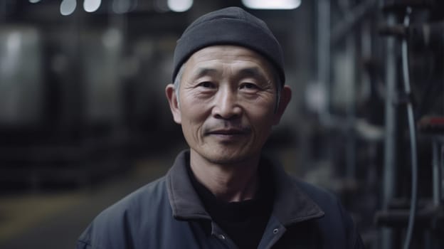 A smiling senior Chinese male factory worker standing in oil refinery plant. Generative AI AIG19.