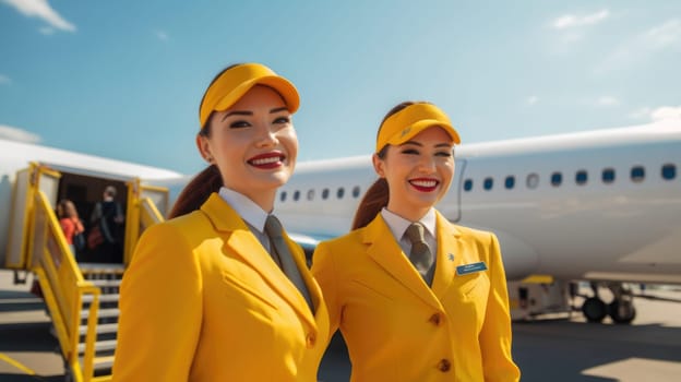 Two smiling air hostesses in yellow suit standing in front of airplane entrance under blue sky. Generative AI AIG21.