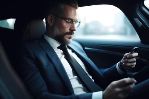 Executive businessman sitting in car with mobile phone. Generative AI AIG20.