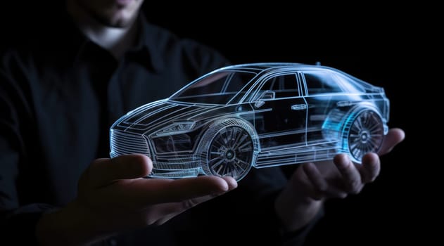 A man holding an animated model of an automobile in the style of holographic. Generative AI AIG21.