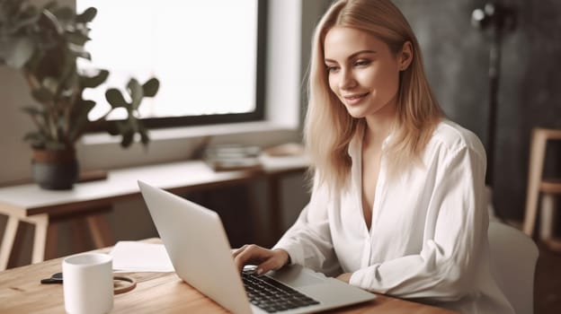 Young blonde woman, smiling, working with laptop, sitting in home office . Generative AI AIG20.