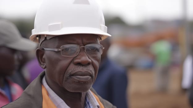 Senior male African civil engineer with determined face at construction site. Generative AI AIG21.