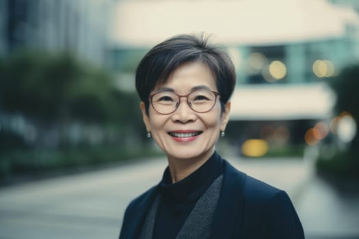 Mature smart asian businesswoman, smiling face, standing in blur background of modern office building. Generative AI AIG20.